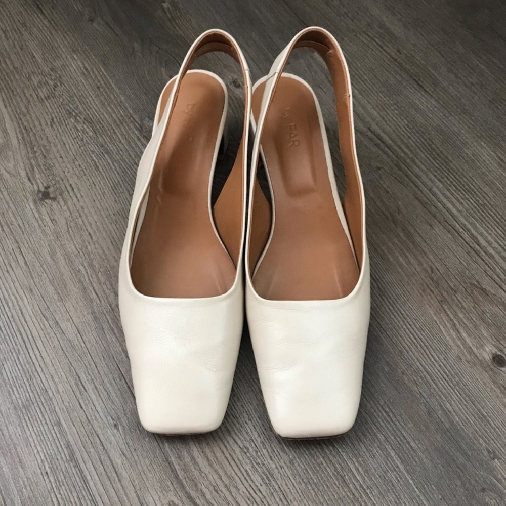 By Far tan slingback pumps